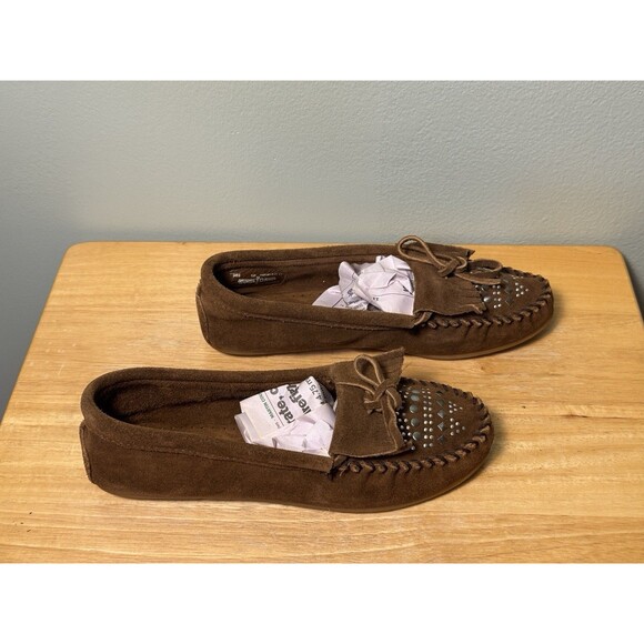 Minnetonka Double Stud Brown Moccasins Women’s Size 10 - Suede Leather - Picture 1 of 8